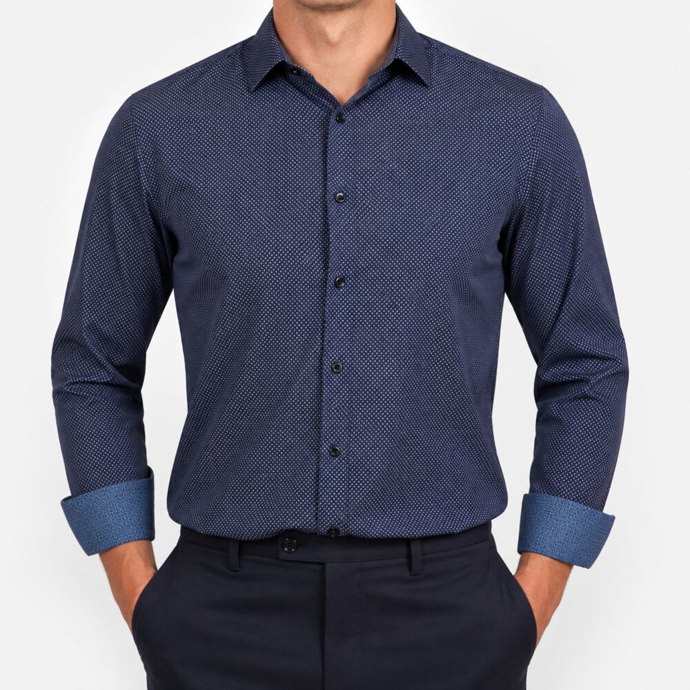 Con.Struct Shirt Mens 2XL Navy Blue Slim Fit 4-Way Stretch Polka Dot Button Up